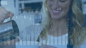 Animation of data processing over caucasian female barista. Communication, technology, business and digital interface concept digitally generated video. - Powered by Shutterstock - Get 15% off with code: PIKWIZARD15