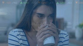 Animation of data processing over caucasian woman drinking coffee. Communication, technology, business and digital interface concept digitally generated video. - Powered by Shutterstock - Get 15% off with code: PIKWIZARD15