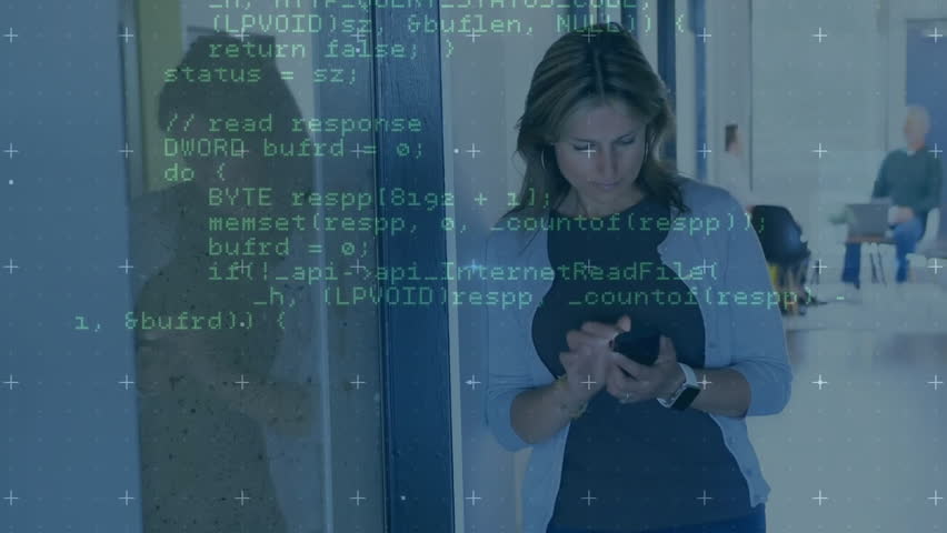 Animation of data processing over caucasian businesswoman using smartphone and smartwatch. Communication, technology, business and digital interface concept digitally generated video. - Powered by Shutterstock - Get 15% off with code: PIKWIZARD15