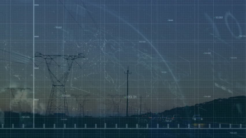 Animation of electric pylons, globe and financial data processing. Global energy, connections, computing and data processing concept digitally generated video. - Powered by Shutterstock - Get 15% off with code: PIKWIZARD15