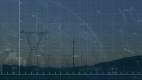 Animation of electric pylons, globe and financial data processing. Global energy, connections, computing and data processing concept digitally generated video. - Powered by Shutterstock - Get 15% off with code: PIKWIZARD15