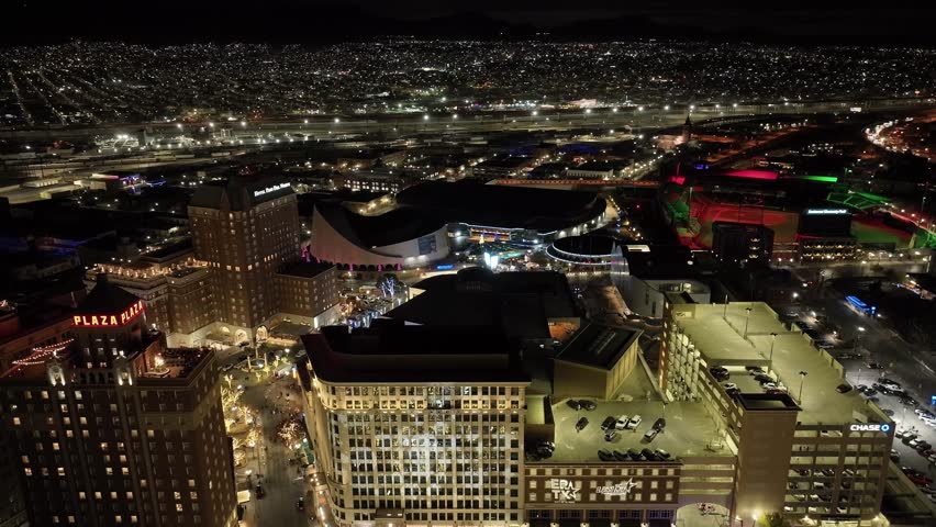 El Paso, Texas skyline at night with drone video stable wide shot.