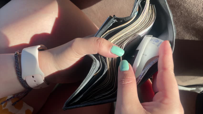 GIRL HANDS COUNTS MONEY BILLS INSIDE A WALLET. EGYPTIAN POUNDS BILLS. Wealth and success