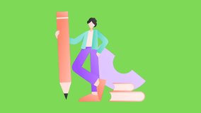 Animation vector illustration video of girl holding a pencil for study on green screen background