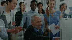 Animation of network of connections over diverse colleagues having meeting in office. Global business, communication, connections and digital interface concept digitally generated video. - Powered by Shutterstock - Get 15% off with code: PIKWIZARD15