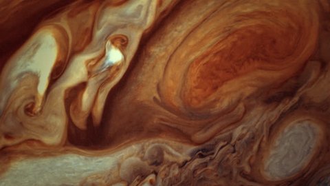Jupiter's surface with a clear view of the Great Red Spot. (Elements furnished by NASA)