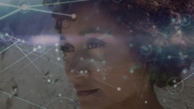 Animation of network of connections over biracial woman smiling. Lifestyle, connections and digital interface concept digitally generated video.