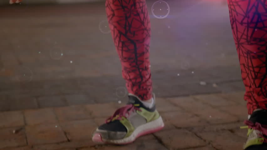 Animation of network of connections over biracial woman exercising on street. Global sports, active lifestyle, connections and digital interface concept digitally generated video.