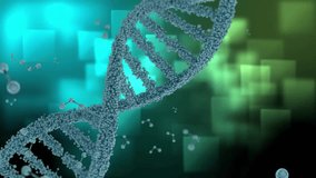 Animation of dna strand over green squares on black background. Science, computing and digital interface concept digitally generated video.