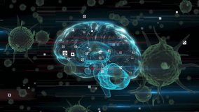 Animation of virus cells over digital brain on black background. Science, technology and digital interface concept digitally generated video. - Powered by Shutterstock - Get 15% off with code: PIKWIZARD15