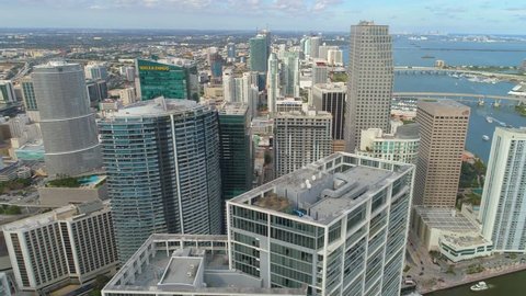MIAMI, FL, USA - DECEMBER 15, 2017: High altitude flight Downtown Miami drone footage