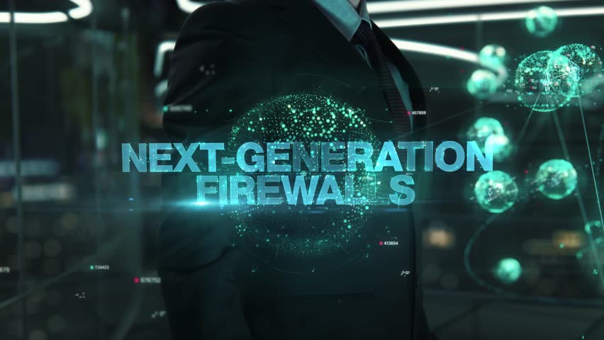 Businessman with Next-Generation Firewalls hologram concept