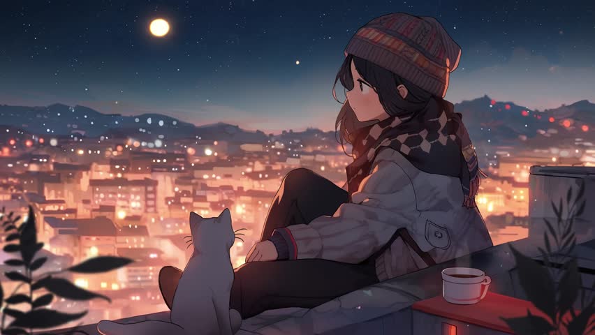 Lofi animation. Seamless loop. Girl and cats on the roof. Royalty-Free Stock Footage #3413983947