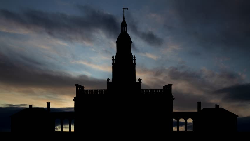 Independence Hall, Time Lapse at Sunrise with Fast Clouds and Dark Silhouette of Historic Building in Philadelphia, USA