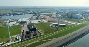 Wind Turbines Next to the Harlingen Industrial Port  – Friesland, The Netherlands – 4K Drone Footage
