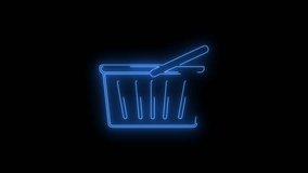Video footage of Blue glowing Basket bag neon icon. Looped Neon Lines abstract on black background. Futuristic laser background. Seamless loop. 4k video