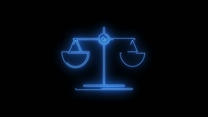Video footage of Blue glowing Balance or scales neon icon. Looped Neon Lines abstract on black background. Futuristic laser background. Seamless loop. 4k video