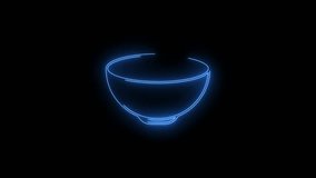 Video footage of Blue glowing Bowl neon icon. Looped Neon Lines abstract on black background. Futuristic laser background. Seamless loop. 4k video
