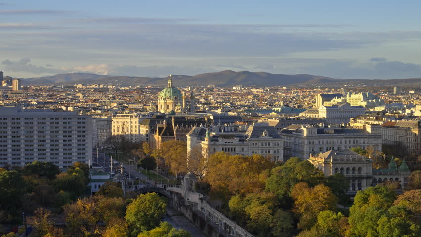 Aerial panoramic sunny morning sunrise over the city of Vienna, Austria 