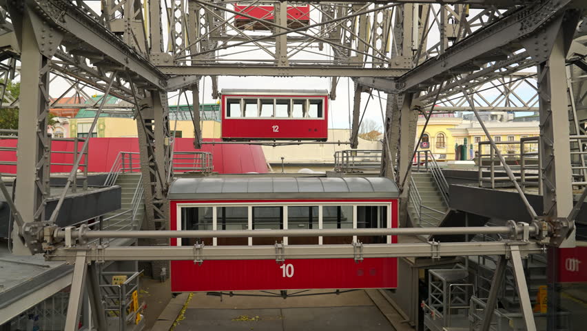 Looking inside the center of the historic Viennese Giant Ferris Wheel in Prater Park, Vienna, Austria