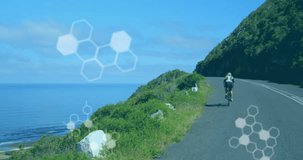 Animation of chemical models and data processing over caucasian woman riding bicycle at sea. Chemistry, science, computing, technology and data processing concept digitally generated video.