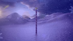 Animation of falling snowflakes over pole in snow on purple background. Christmas, celebration, winter and decoration concept digitally generated video.