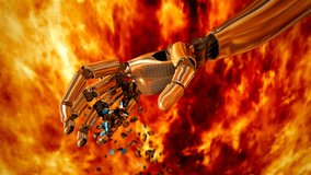 Abstract concept of a robotic arm holding Earth's globe. The machine is crushing the blue planet. Rise of the machines. Artificial intelligence turns against humanity. Global crisis. CGI render 4K - Powered by Shutterstock - Get 15% off with code: PIKWIZARD15