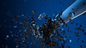 Abstract concept of a robotic arm holding Earth's globe. The machine is crushing the blue planet. Rise of the machines. Artificial intelligence turns against humanity. Global crisis. CGI render 4K - Powered by Shutterstock - Get 15% off with code: PIKWIZARD15