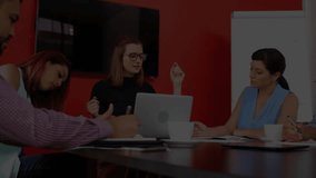 Animation of globe with data processing over diverse colleagues having meeting in office. Global business, finances, communication, computing and digital interface concept digitally generated video. - Powered by Shutterstock - Get 15% off with code: PIKWIZARD15