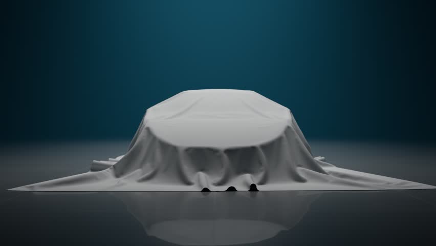 A white velvet textile fabric sheet slowly reveals a brand new supercar prototype machine. Newest blue luxury car exhibition. The camera follows a smooth silk fabric. Expensive mystery solved.