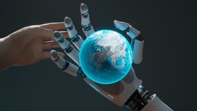The futuristic concept with an advanced robotic arm holding the earth globe AI protects the environment of the blue planet. Human-machine cooperation. Perfect for ecology and industry purposes. CGI 4K - Powered by Shutterstock - Get 15% off with code: PIKWIZARD15