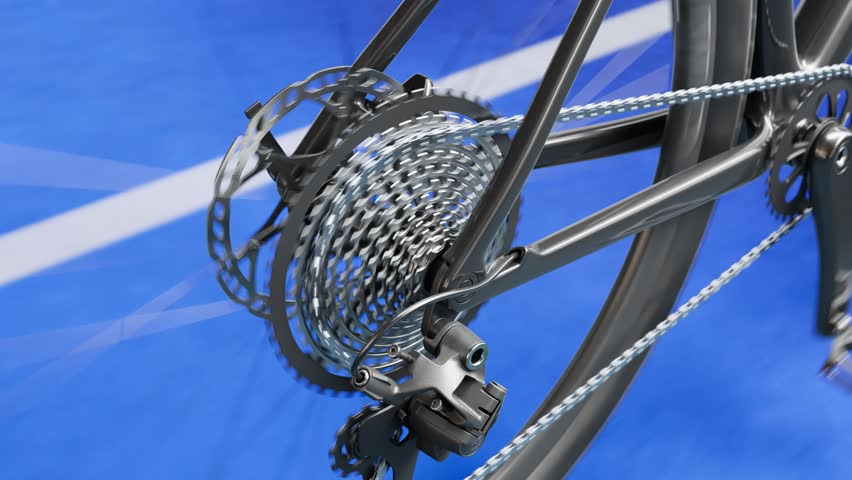 Close up on a drive and chain of a moving bicycle. Slow-motion look on breaking chain link. Bicycle stops after the break. Hundreds of tiny shattered metal pieces. Wheel, cassette, pedals visible. Royalty-Free Stock Footage #3414064749