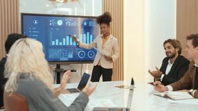 Presentation in office or ornament meeting room with analyst team utilize BI Fintech to analyze financial data celebrate after achieving successful business investment goal accomplishment. - Powered by Shutterstock - Get 15% off with code: PIKWIZARD15