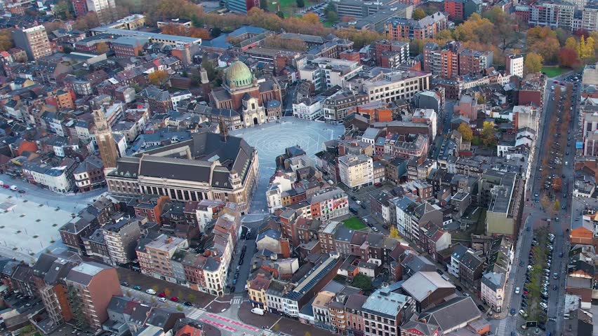 Aerial view around the old town of Charleroi in Belgium on a cloudy afternoon in autumn.