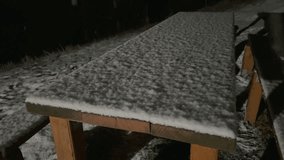 snow on a bench at a mountain lodge. detail. 4k video.