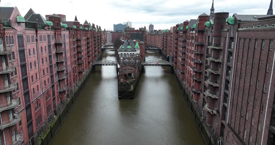 The Speicherstadt in Hamburg , Germany is a complex of warehouses built between 1883 and 1927 on a series of islets in the riverbed of the Elbe. Aerial view.