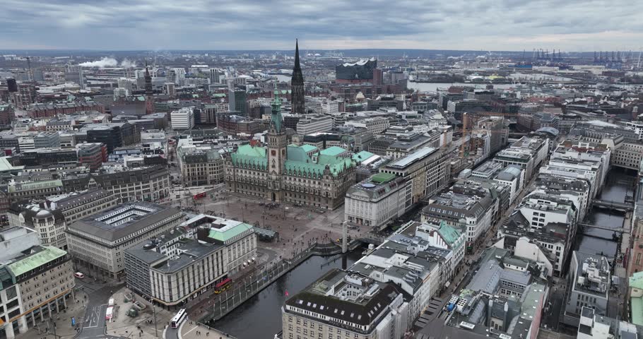 Hamburg town hall building. Hamburg City Hall, in german: Hamburger Rathaus, is the seat of local government of Hamburg, Germany. Aerial drone view.