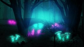 A magical night in the enchanted woods, lit up with a blue glow from glittering cloud of tiny blue faires, fluttering excitedly, with glowing mushrooms and plants dotted across the forest floor