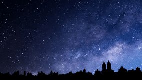 Milky way with comets. Stars panorama in time lapse at night sky. Black city silhouette. 29,97fps
