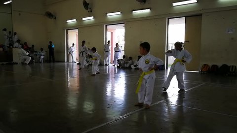 Selangor, Malaysia - December 3 2017:  Students at Karate-do martial arts classw at Dewan Orang Ramai Jalan Reko, Taman Sahabat, Kajang.