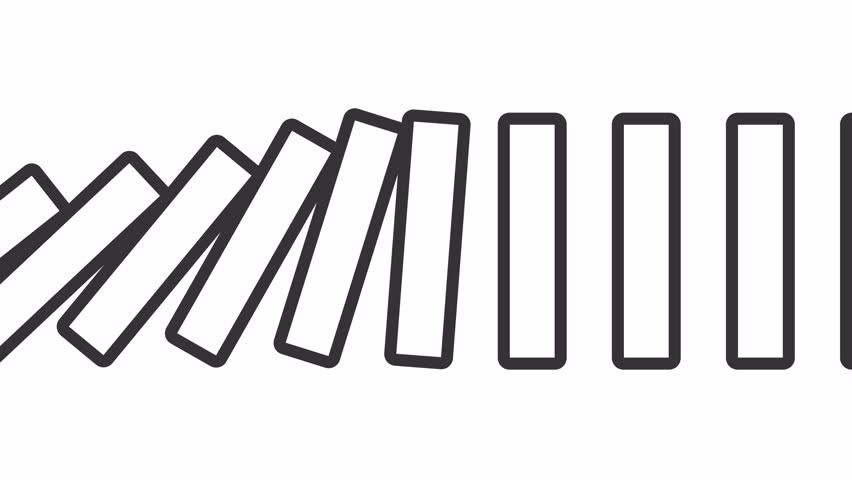 2D black simple thin line animation of endless dominoes falling icon, HD video with transparent background, seamless loop 4K video representing economic crisis.
