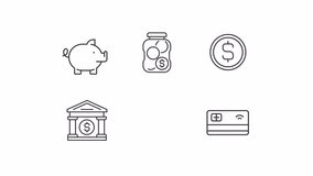 Collection of black thin line icon animations representing economic crisis, HD video with transparent background, seamless loop 4K video.