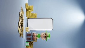 A Digital Fortune: Leprechaun Figurine with Gold Coins and Smartphone blue background vertical - Powered by Shutterstock - Get 15% off with code: PIKWIZARD15