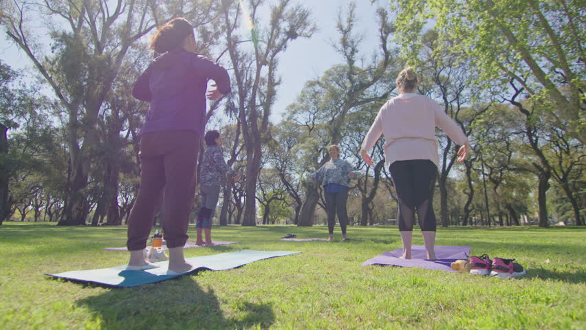 Female yoga teacher of middle age smiling and talking to group of women in sportswear doing upward salute pose during outdoor practice in the park on sunny day. Zoom shot