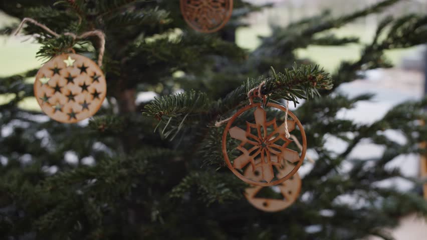 Hanging Traditional Minimal Wooden Christmas Decoration on Tree