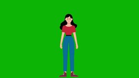 2d animation, cartoon, woman thinking, looking for answer, shrugs his shoulders, uncertainty question, green screen background, 4k