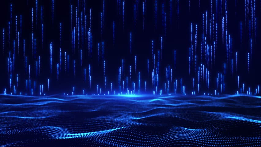 Digital waves of particles emit light and stream of data points, big data visualization, futuristic or technological abstract background with moving dotted dotted surface. Animation of seamless loop.