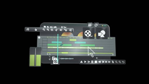 Video editing design tool interface Application for editing clips with various windows, settings layers, timeline, audio mixer toolbar against black background 스톡 비디오