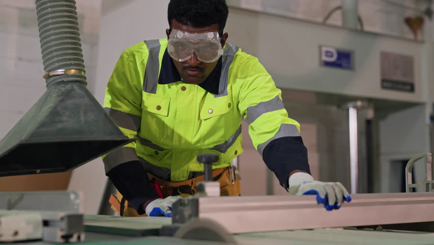 Portrait of African American carpenter holding precision level making new furniture at wood workshop.