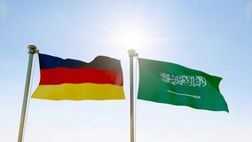 Germany and Saudi Arabia Flags are waving in the spring of the blue sky, looped video. 4K ULTRA HD. 